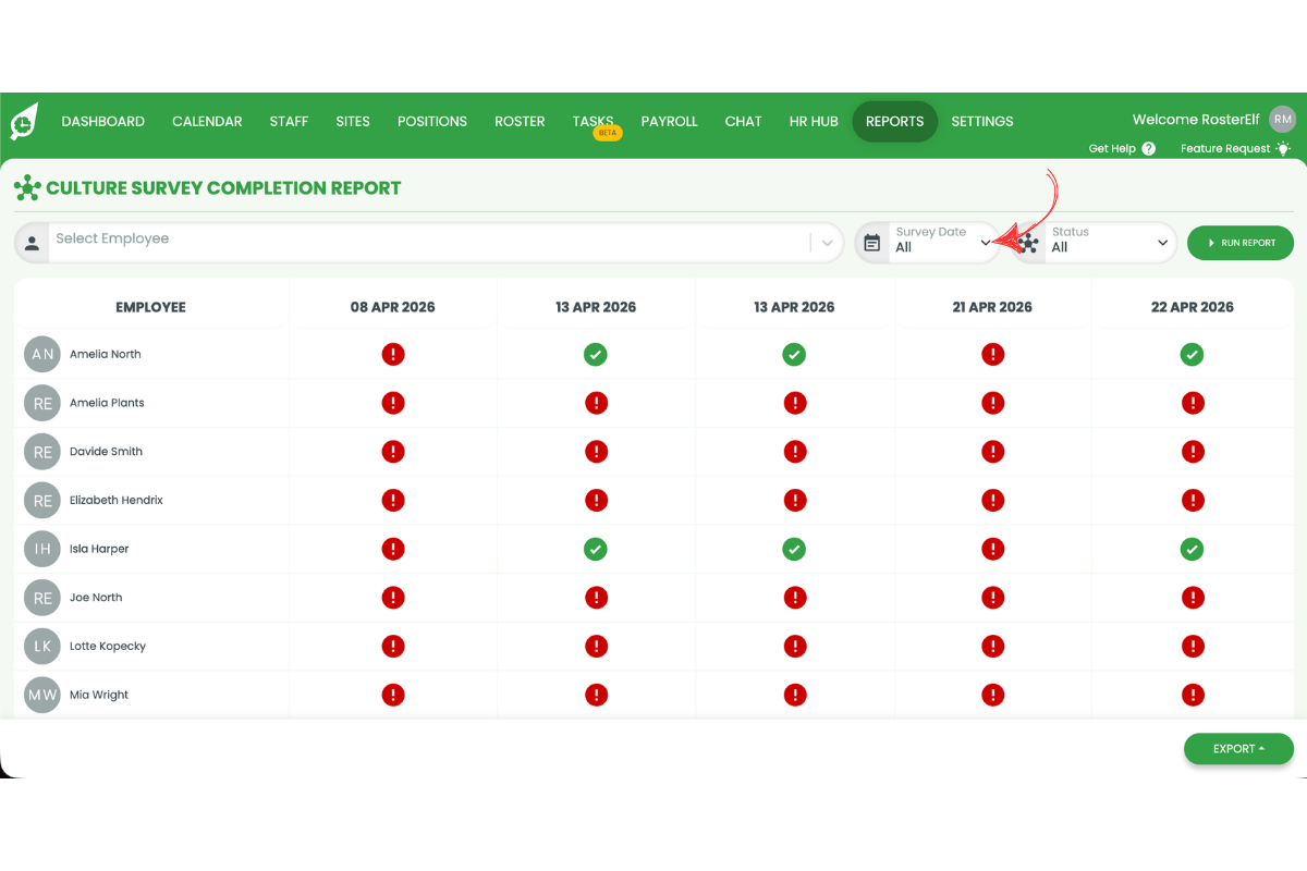 Culture Survey Completion Report page with a red arrow pointing to the Status selector icon at the top of the report