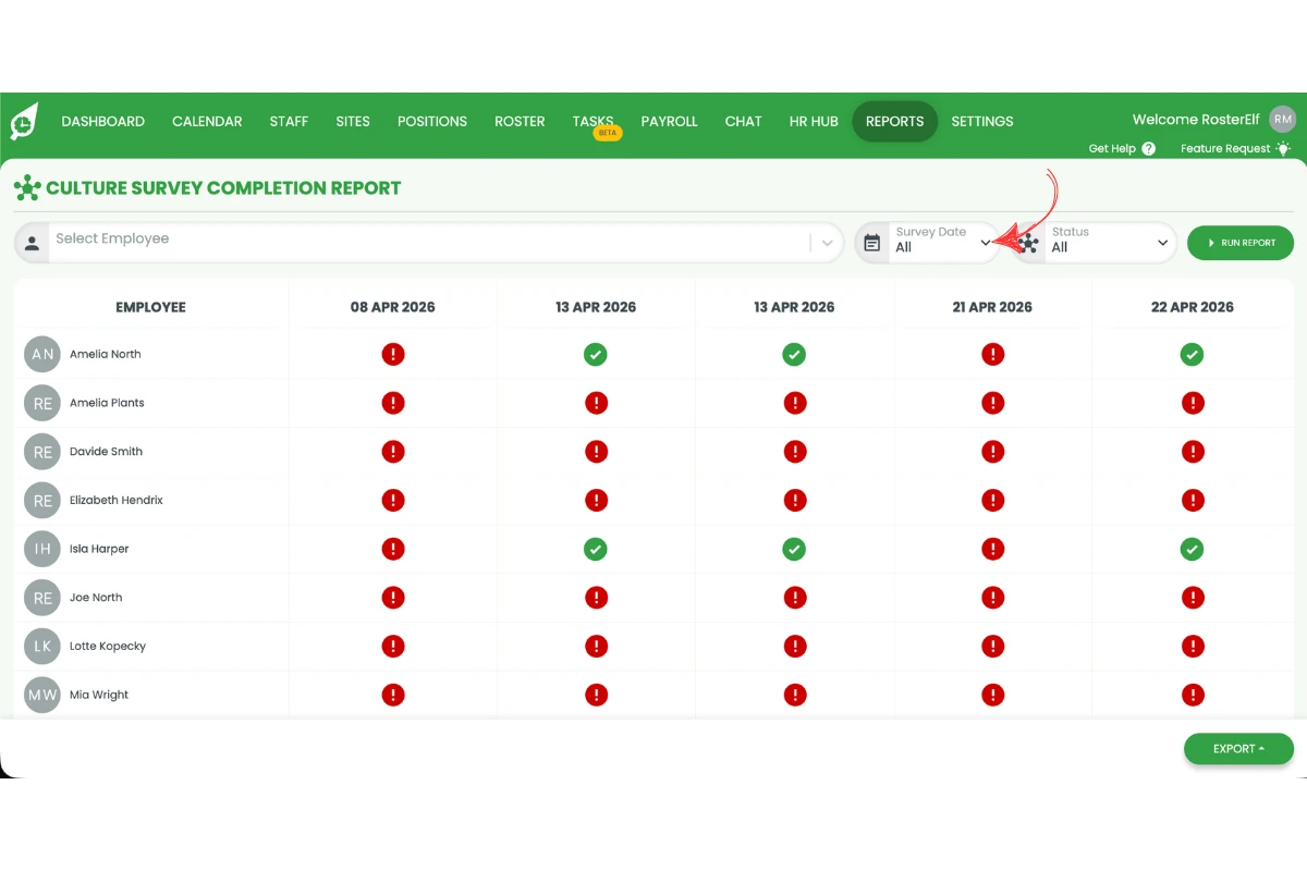 Culture Survey Completion Report page with a red arrow pointing to the Status selector icon at the top of the report