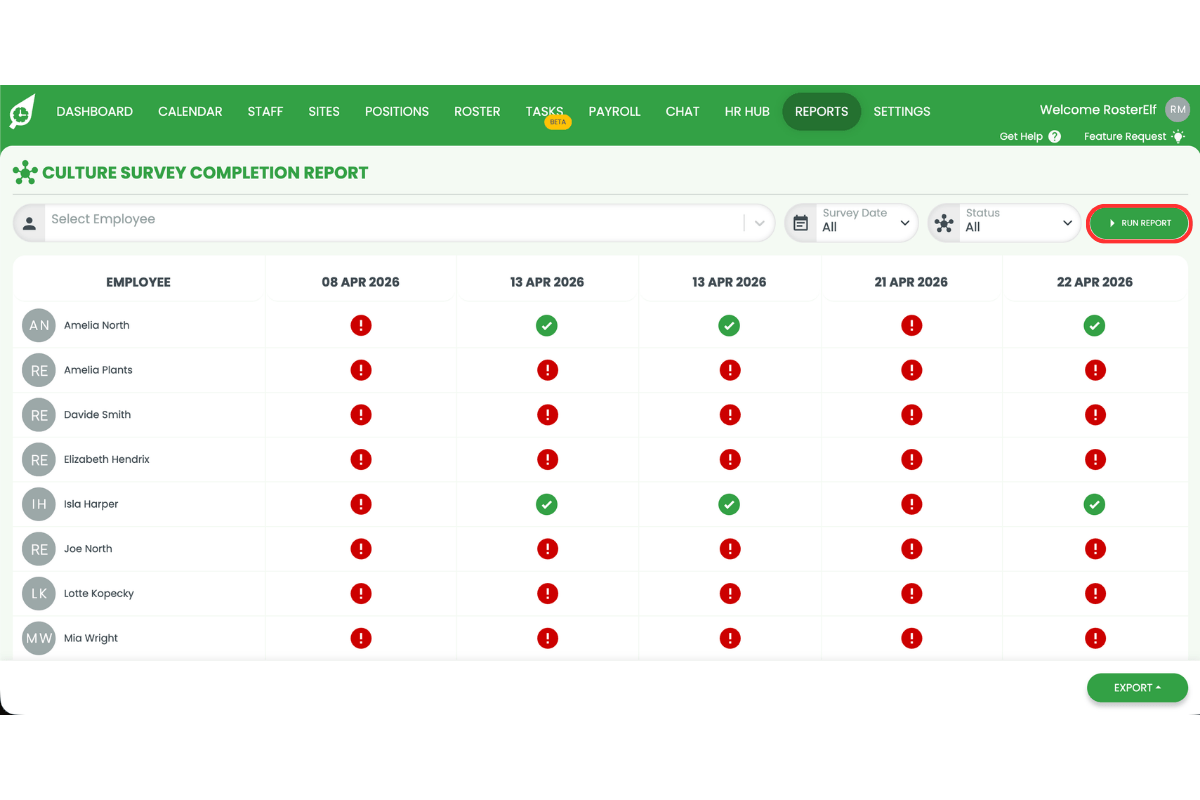 Culture Survey Completion Report page with the Run Report button circled in red in the top right corner