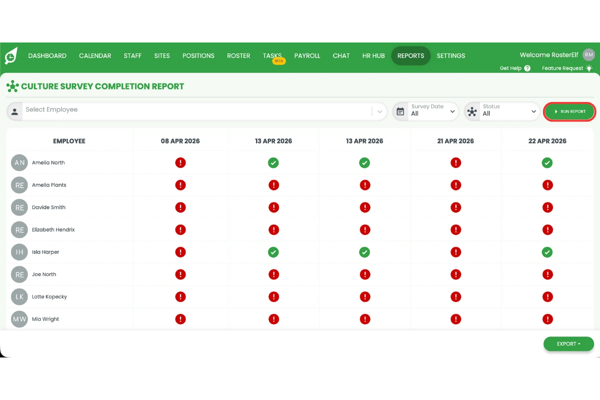 Culture Survey Completion Report page with the Run Report button circled in red in the top right corner