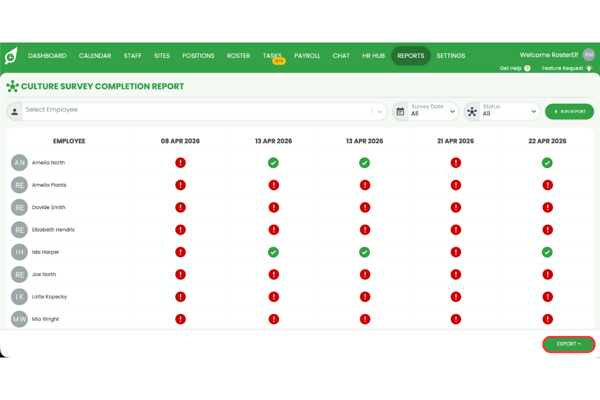Culture Survey Completion Report showing employee completion data across multiple survey dates with the Export button circled in red in the bottom right corner
