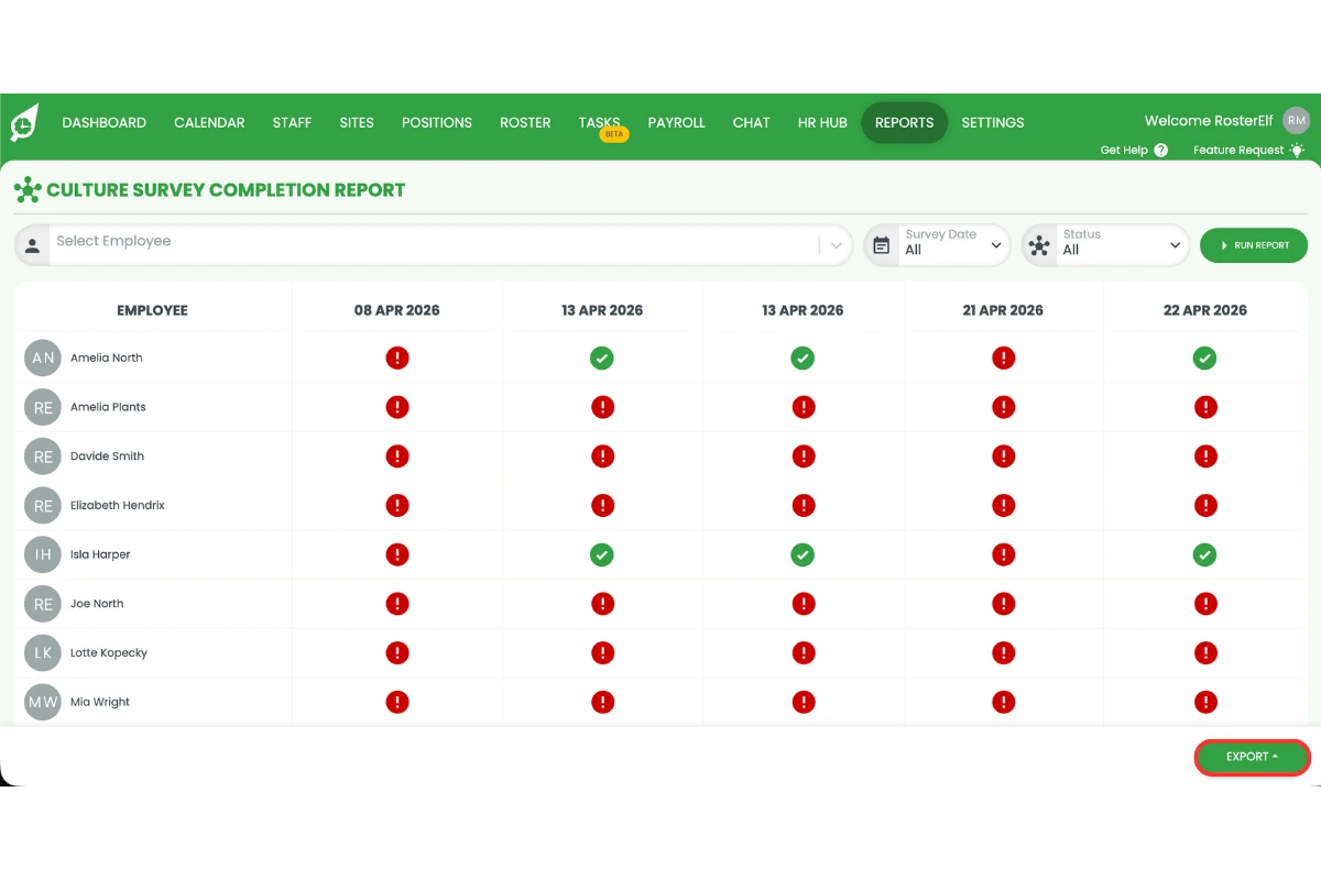 Culture Survey Completion Report showing employee completion data across multiple survey dates with the Export button circled in red in the bottom right corner