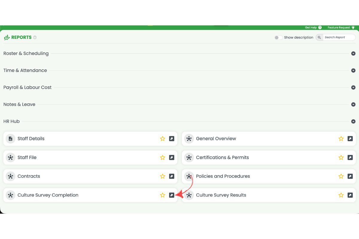 RosterElf Reports page with HR Hub section expanded showing Culture Survey Completion and Culture Survey Results reports, with a red arrow pointing to the HR Hub section report options