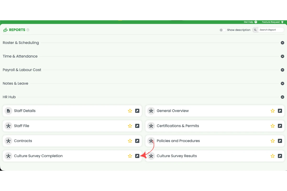 RosterElf Reports page with HR Hub section expanded showing Culture Survey Completion and Culture Survey Results reports, with a red arrow pointing to the HR Hub section report options