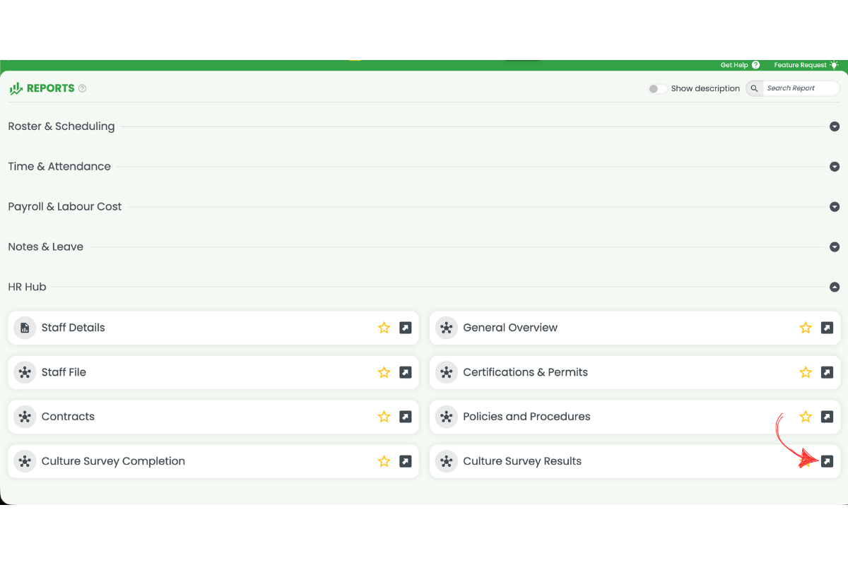 RosterElf Reports HR Hub section expanded with a red arrow pointing to the Culture Survey Results report launch icon
