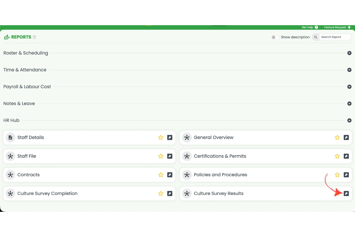 RosterElf Reports HR Hub section expanded with a red arrow pointing to the Culture Survey Results report launch icon