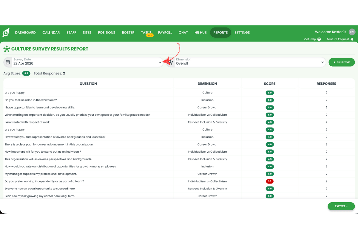 Culture Survey Results Report showing the Survey Date and Dimension filter fields at the top of the report with a red arrow pointing to the filter selector area