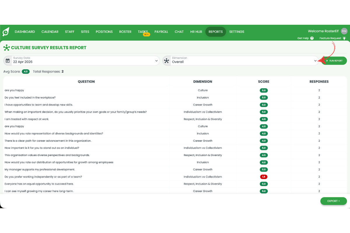Culture Survey Results Report page with a red arrow pointing to the Run Report button in the top right corner