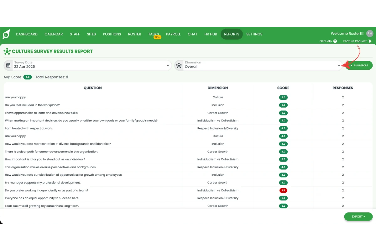 Culture Survey Results Report page with a red arrow pointing to the Run Report button in the top right corner