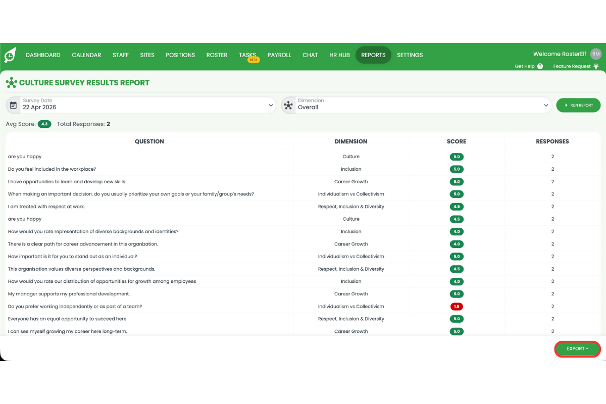 Culture Survey Results Report showing questions, dimensions, scores, and response counts with the Export button circled in red in the bottom right corner