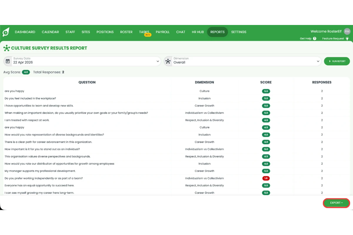 Culture Survey Results report in RosterElf showing dimension scores, question responses, and export button