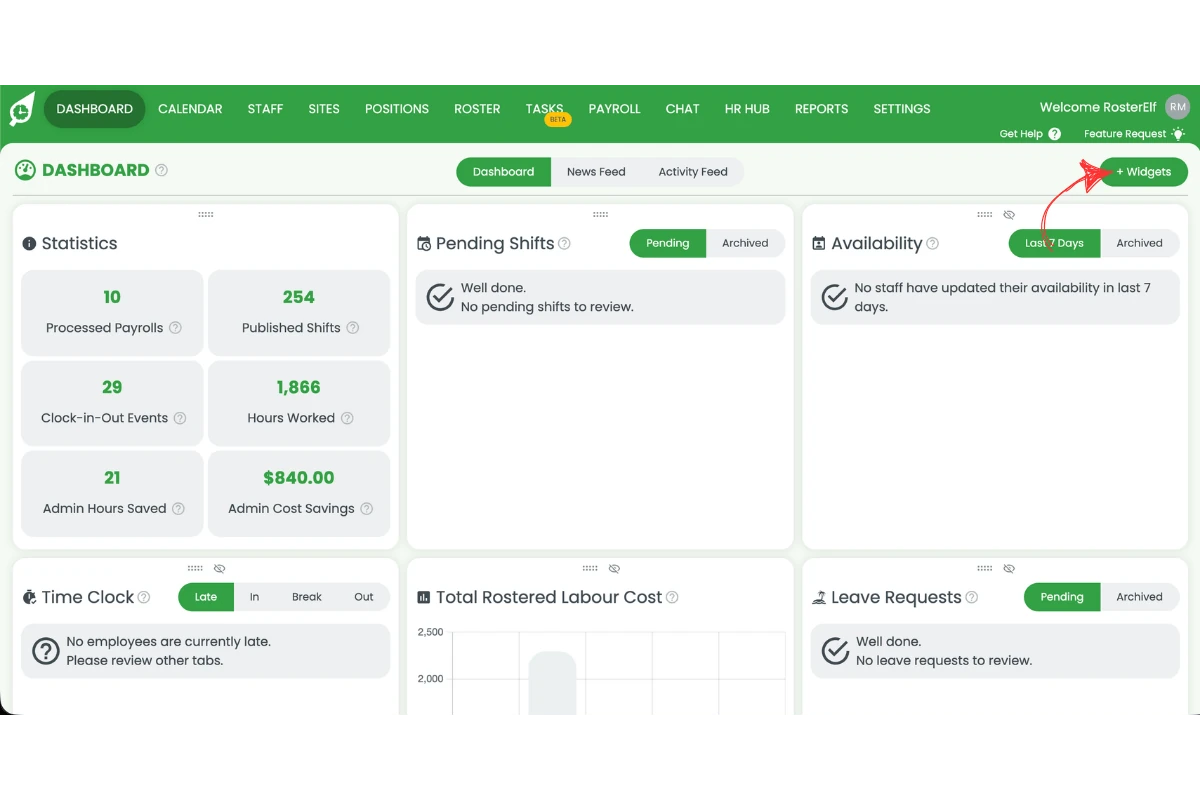 RosterElf dashboard with the + Widgets button highlighted with a red arrow in the top right corner