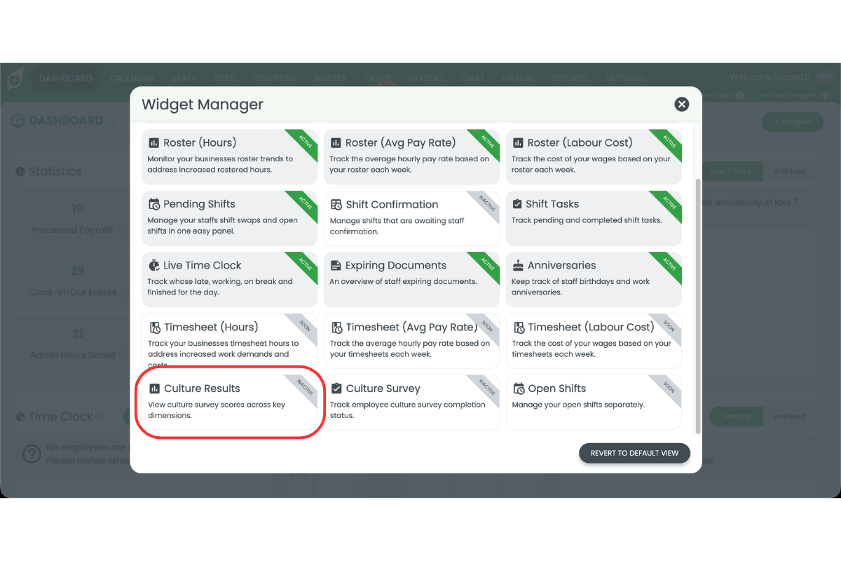 RosterElf Widget Manager modal showing available dashboard widgets with the Culture Results widget circled in red