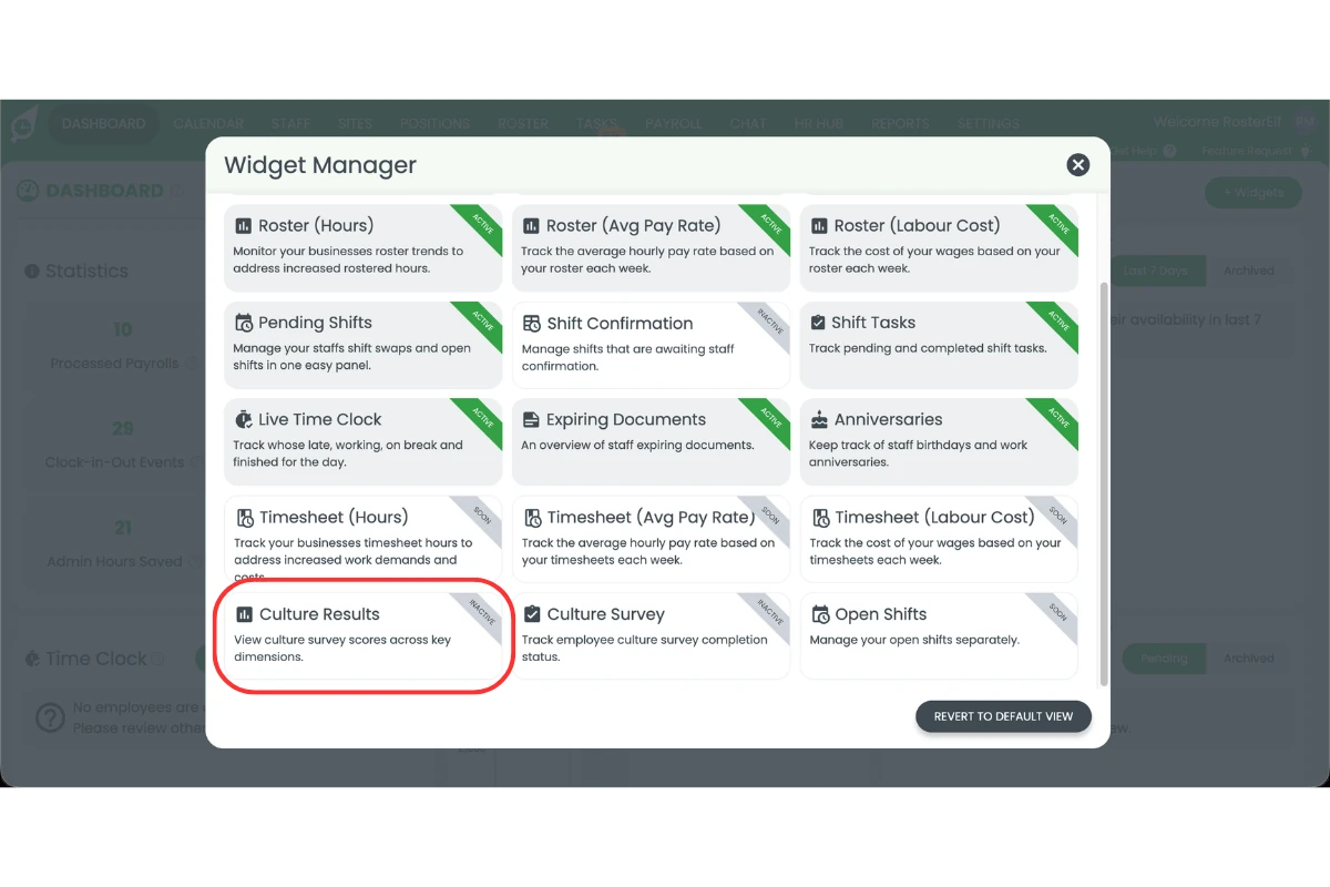RosterElf Widget Manager modal showing available dashboard widgets with the Culture Results widget circled in red