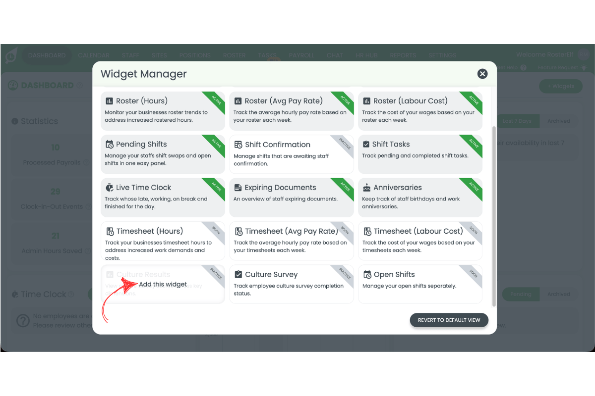 RosterElf Widget Manager showing the Add this widget option highlighted with a red arrow on the Culture Results widget