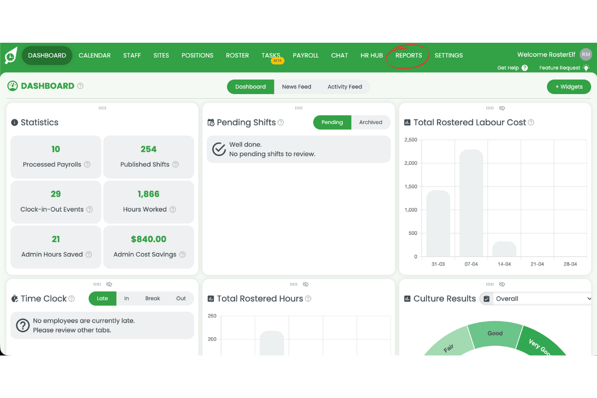 RosterElf dashboard with the Reports navigation item circled in red in the top menu