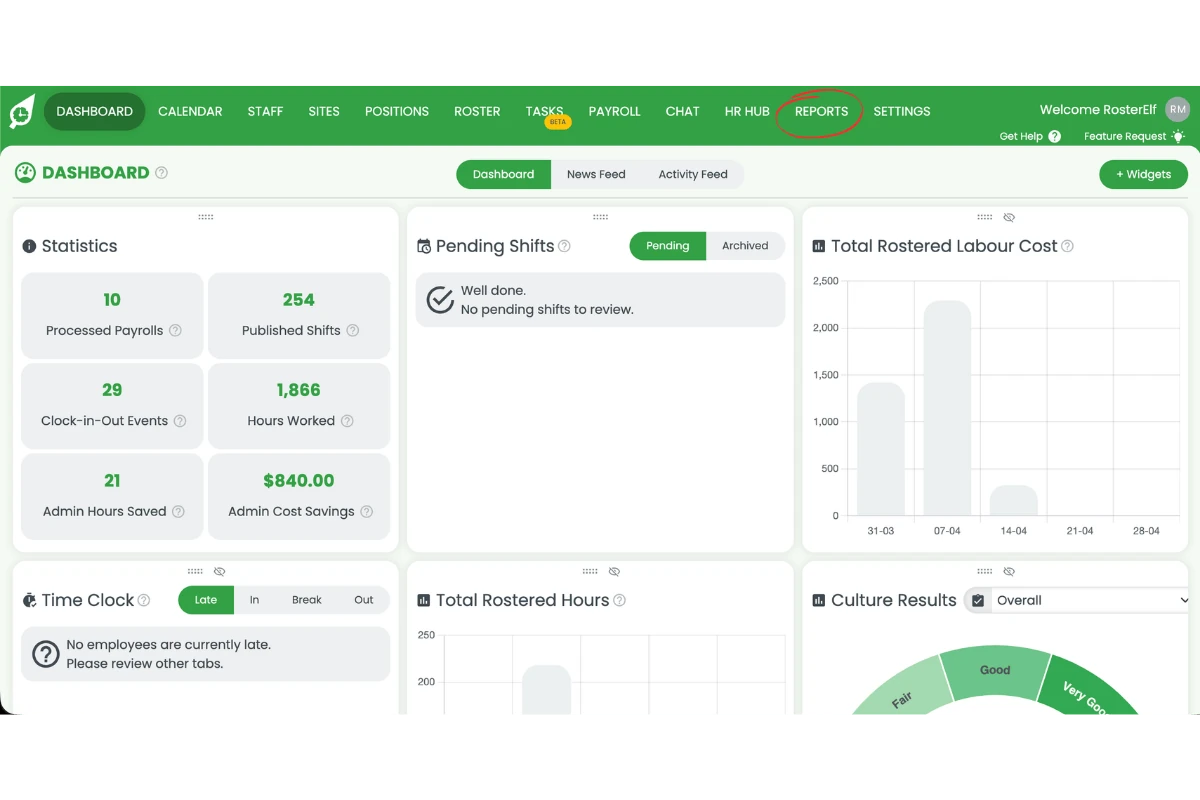 RosterElf dashboard with the Reports navigation item circled in red in the top menu