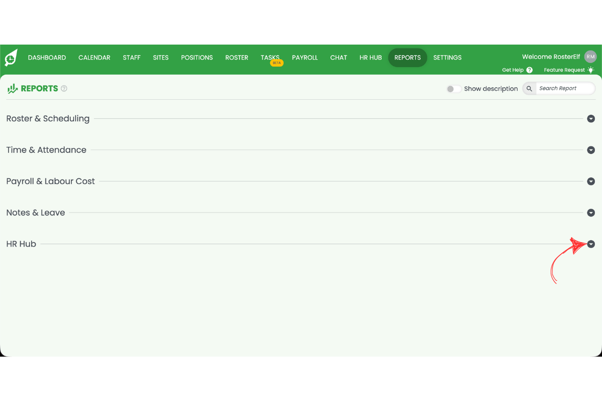 RosterElf Reports page showing report category sections with a red arrow pointing to the HR Hub section expand button