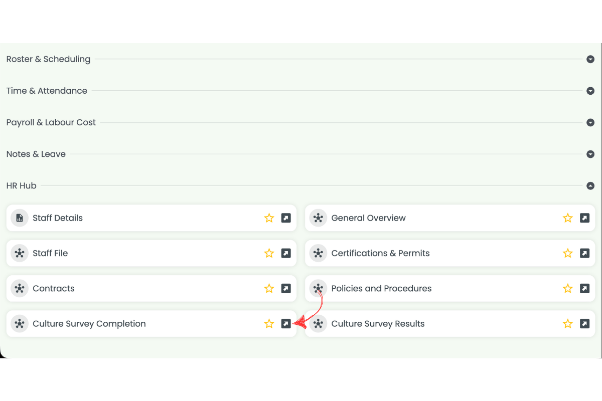 RosterElf Reports page with HR Hub section expanded showing Culture Survey Completion and Culture Survey Results reports, with a red arrow pointing to the Culture Survey Completion launch icon