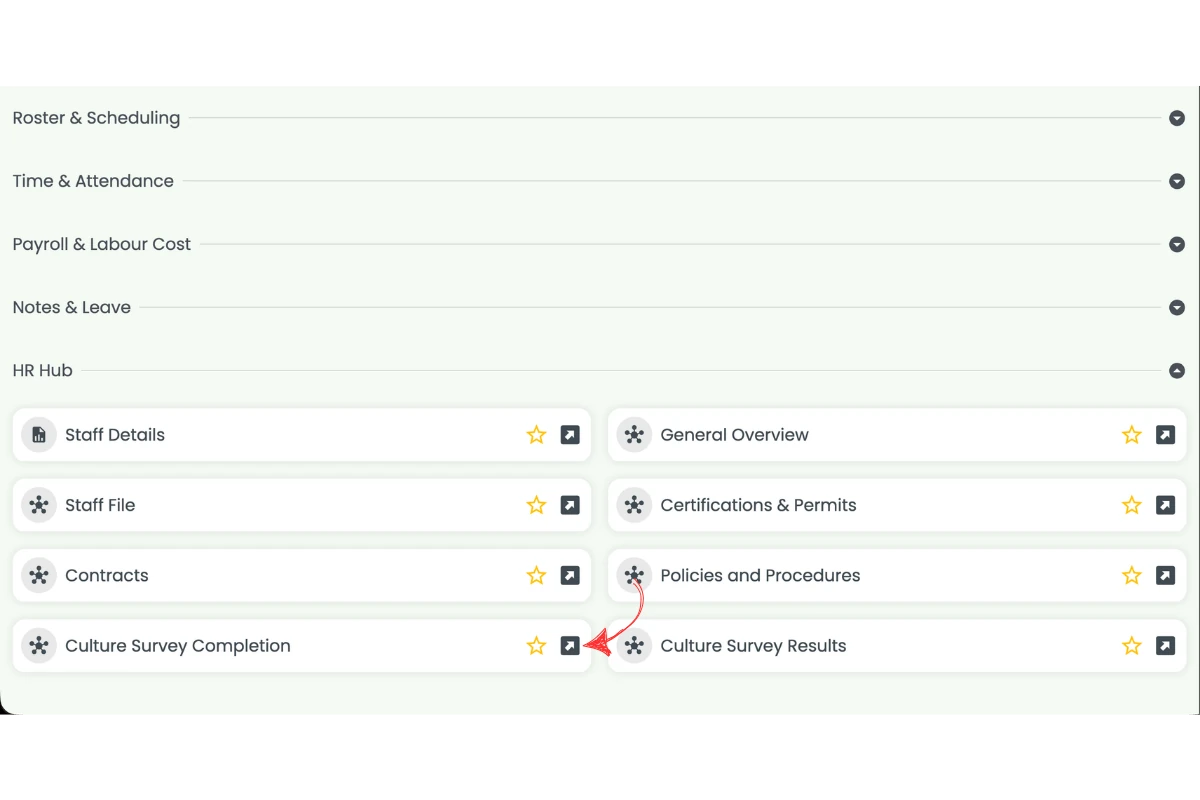 RosterElf Reports page with HR Hub section expanded showing Culture Survey Completion and Culture Survey Results reports, with a red arrow pointing to the Culture Survey Completion launch icon