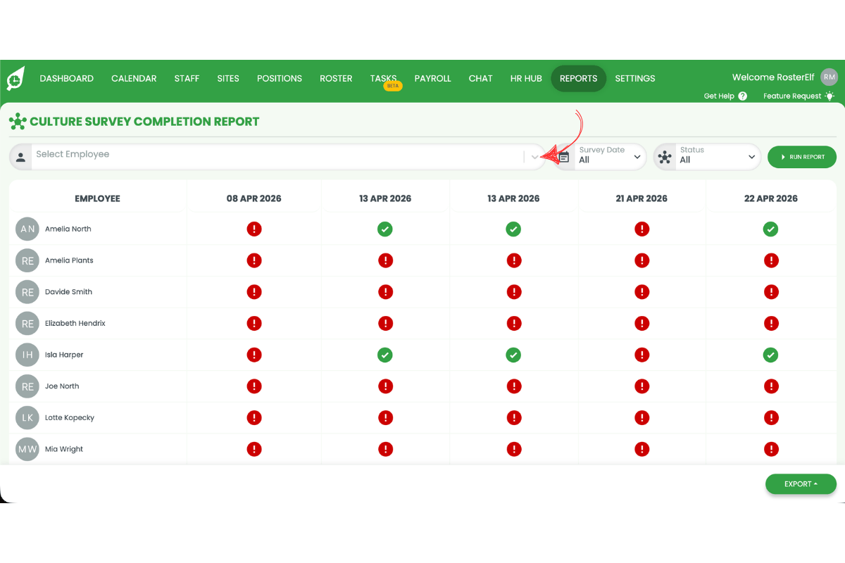 Culture Survey Completion Report page with a red arrow pointing to the Survey Date calendar filter at the top of the report