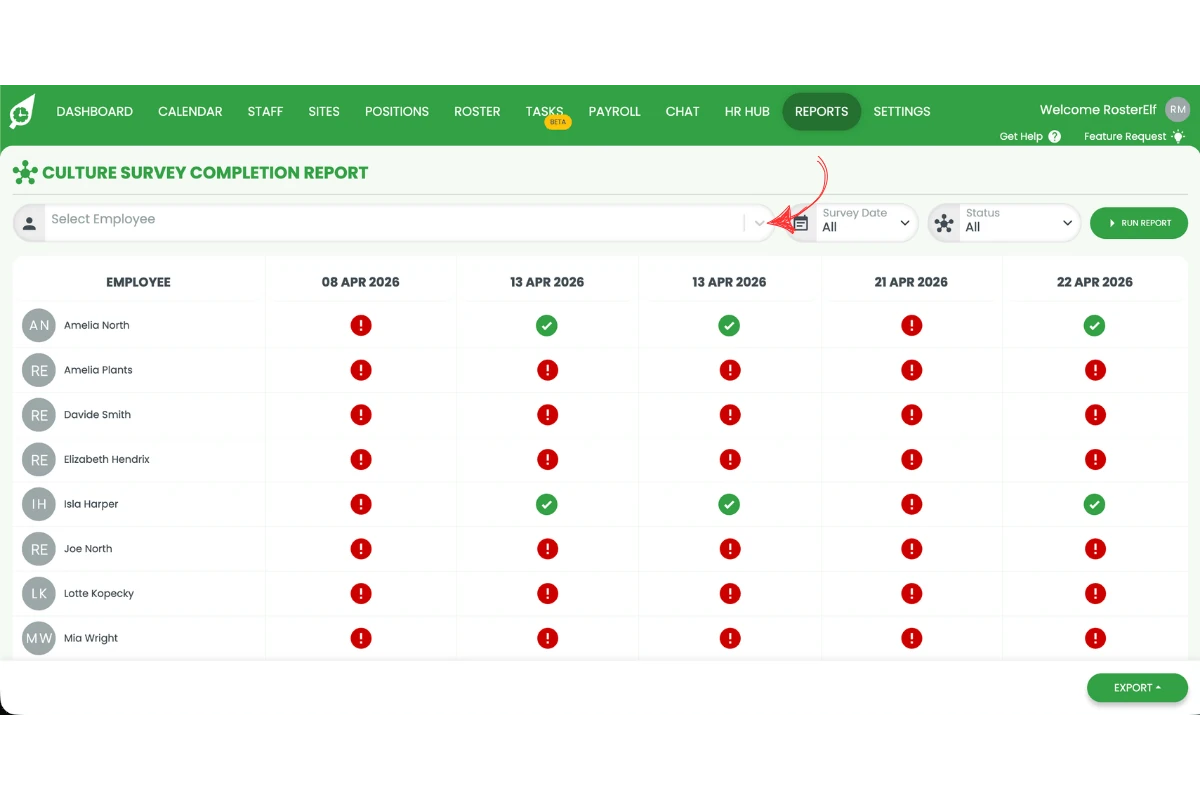 Culture Survey Completion Report page with a red arrow pointing to the Survey Date calendar filter at the top of the report