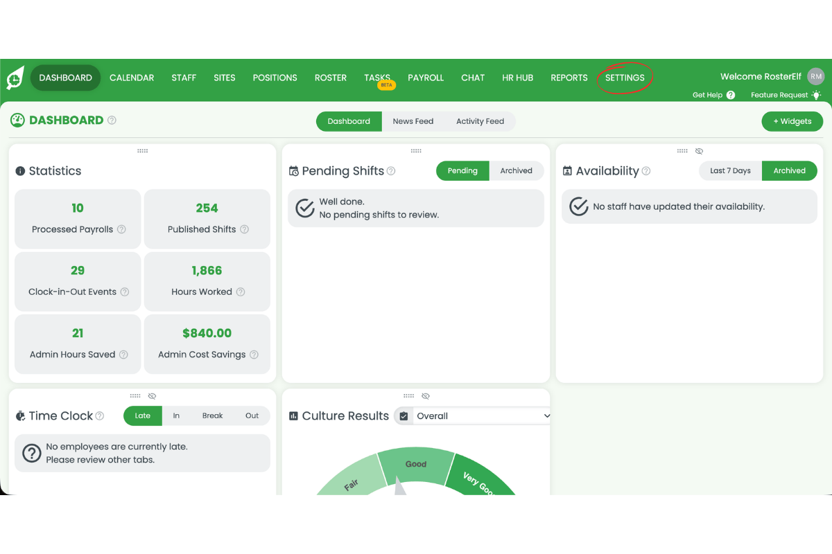 RosterElf dashboard with Settings menu item circled in red in the top navigation bar