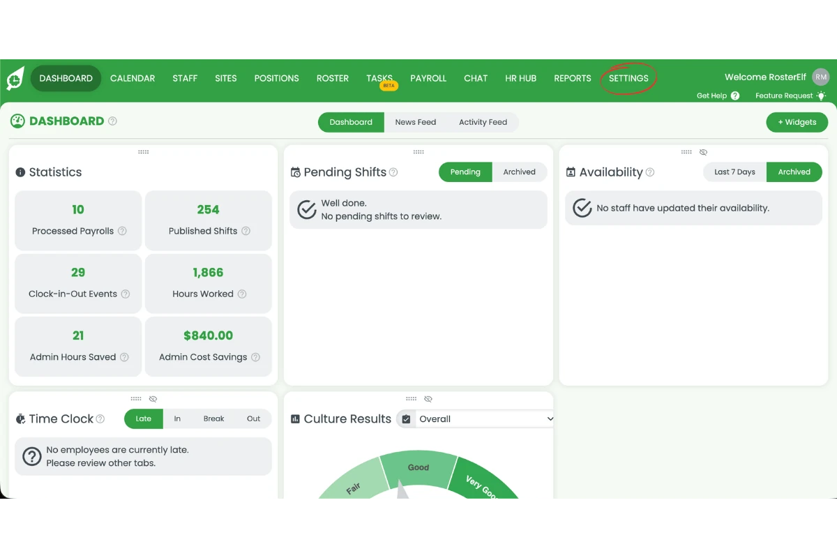 RosterElf dashboard with Settings menu item circled in red in the top navigation bar