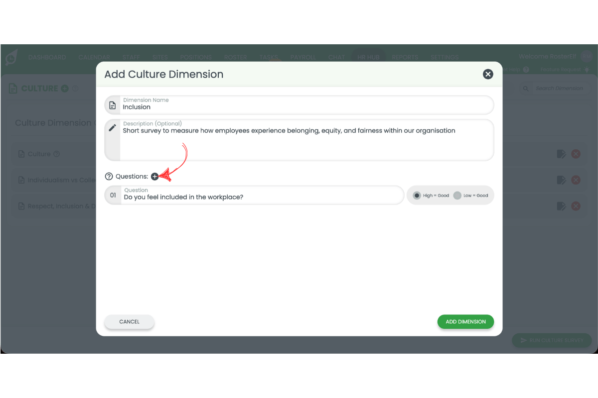 Add Culture Dimension modal showing the plus button next to the Questions label circled with a red arrow to add another question