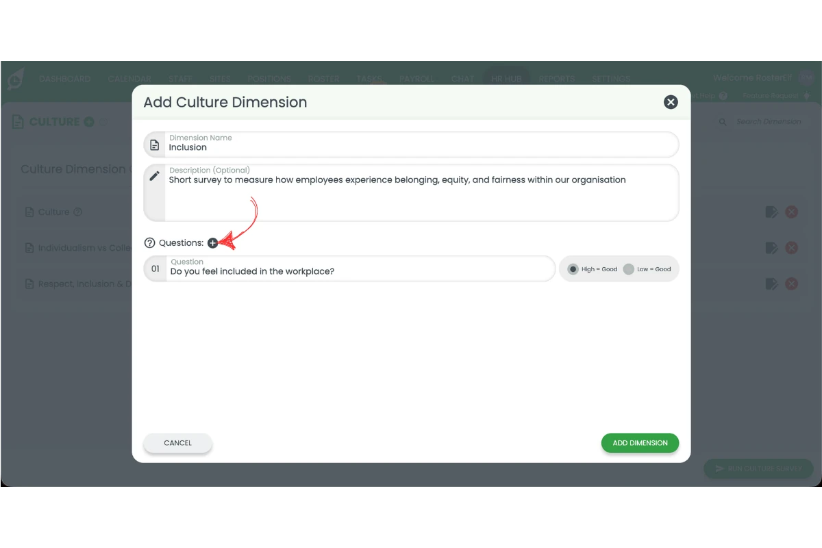 Add Culture Dimension modal showing the plus button next to the Questions label circled with a red arrow to add another question