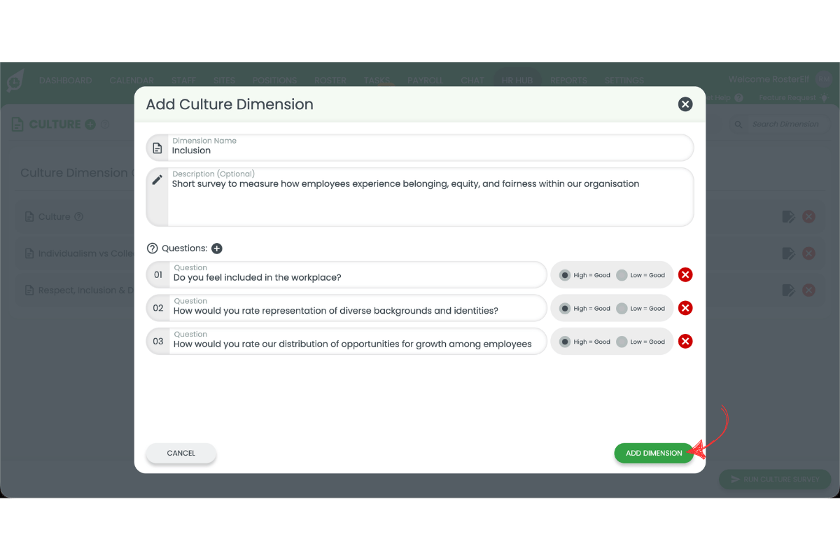 Add Culture Dimension modal with three questions added and the Add Dimension button circled in red