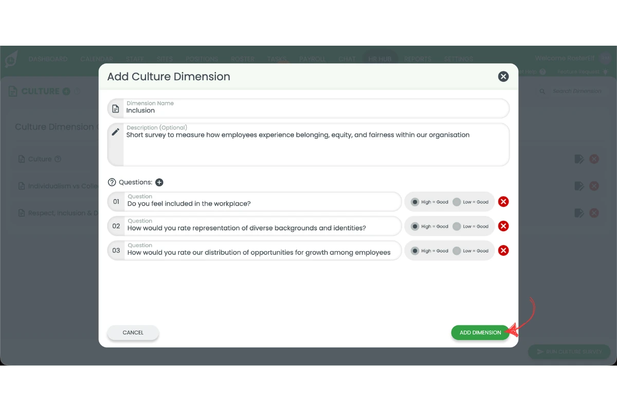 Add Culture Dimension modal with three questions added and the Add Dimension button circled in red