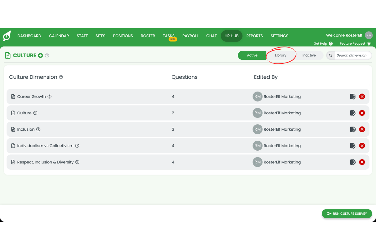 RosterElf Culture page showing the Library tab circled in red in the top navigation