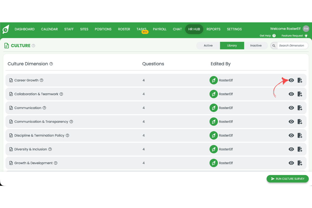 RosterElf Culture Library showing template dimensions with the view eye icon highlighted with a red arrow on the Career Growth row