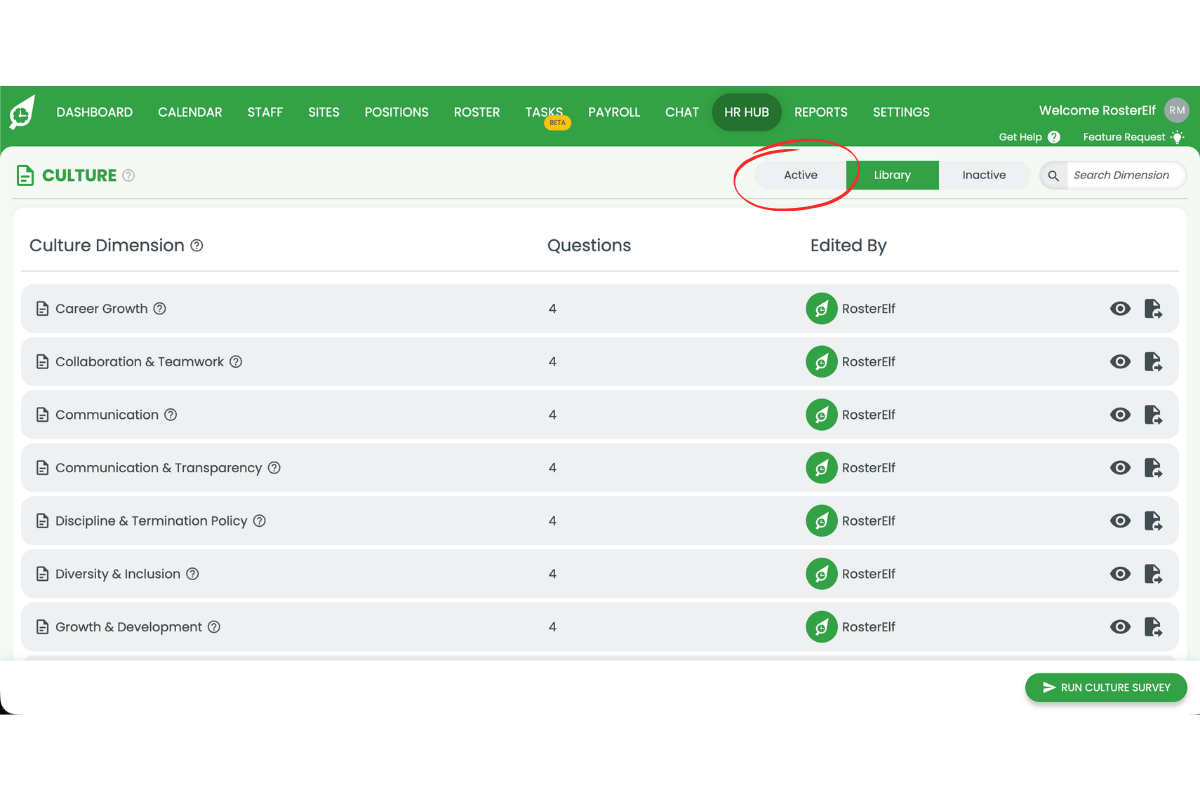 RosterElf Culture page with the Active tab circled in red showing enabled dimensions from the library
