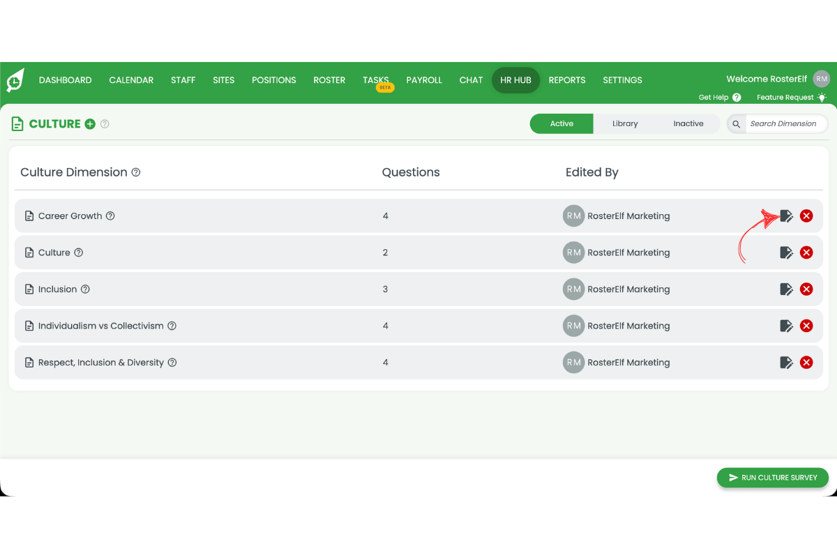 RosterElf Culture Active dimensions list showing the edit pencil icon circled with a red arrow on the Career Growth row