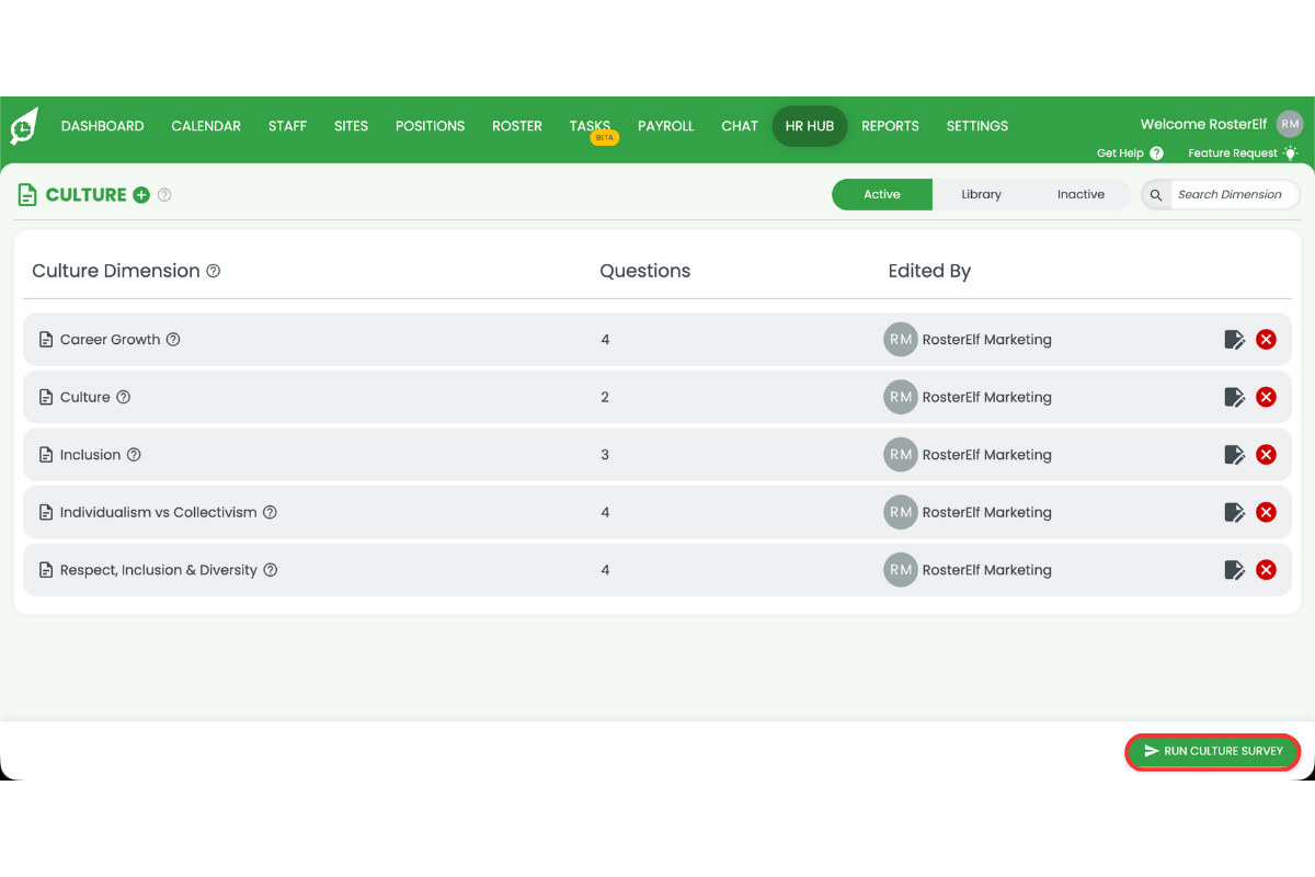 RosterElf Culture page with the Run Culture Survey button circled in red in the bottom right corner