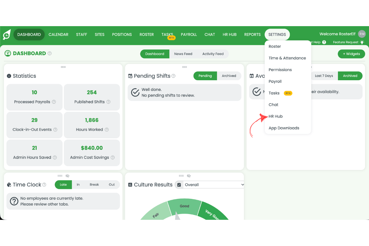 RosterElf Settings dropdown menu open showing HR Hub option highlighted with a red arrow