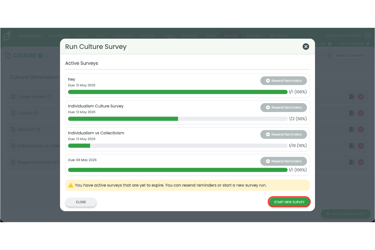 Run Culture Survey modal showing Active Surveys list with the Start New Survey button circled in red