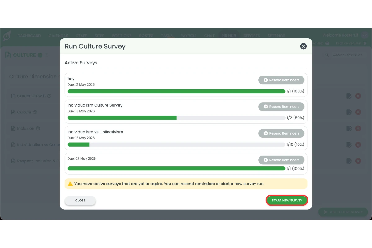 Run Culture Survey modal showing Active Surveys list with the Start New Survey button circled in red