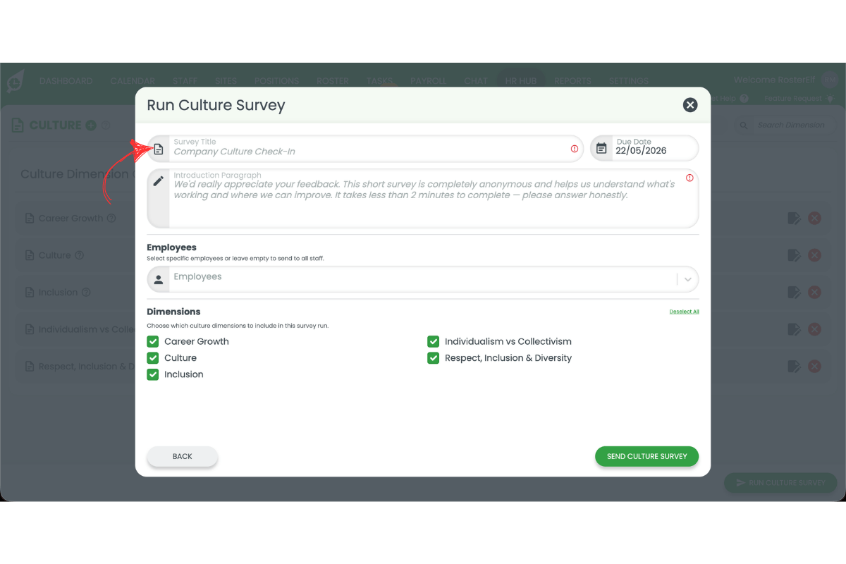 Run Culture Survey modal showing the survey form with a red arrow pointing to the Survey Title field