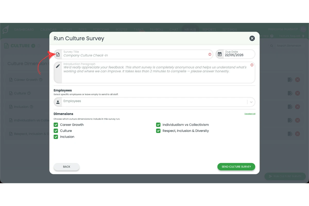 Run Culture Survey modal showing the survey form with a red arrow pointing to the Survey Title field