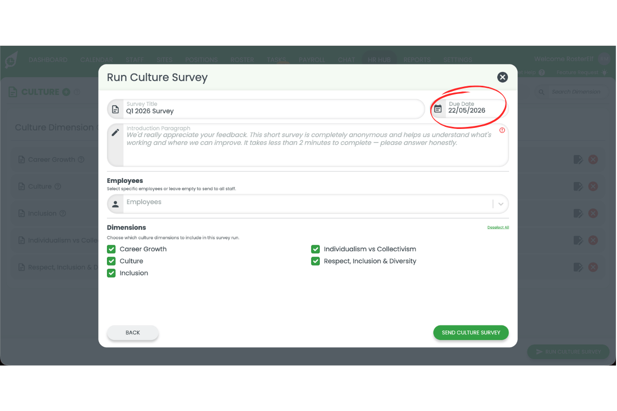 Run Culture Survey modal showing Q1 2026 Survey in the title field and the Due Date field circled in red showing 22/05/2026