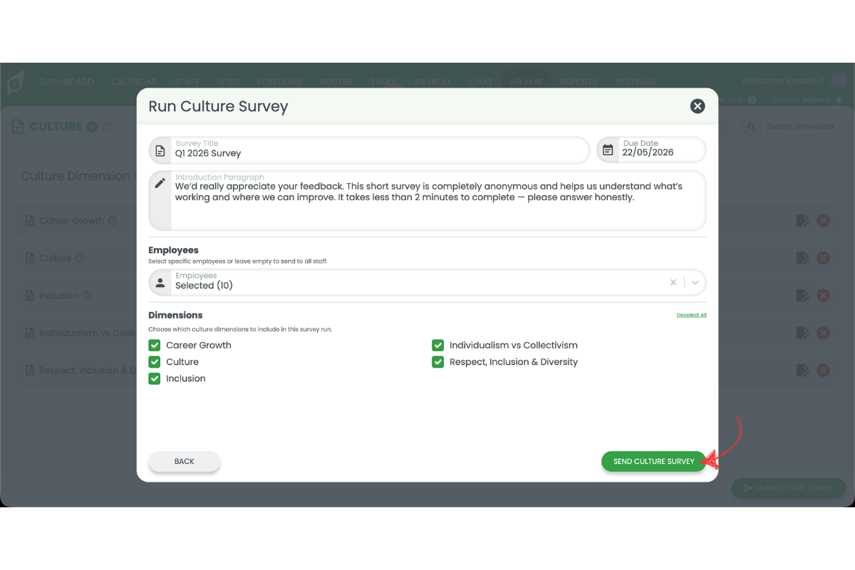 Run Culture Survey modal fully filled showing the Send Culture Survey button with a red arrow pointing to it