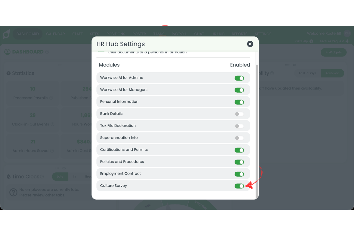 HR Hub Settings modal showing Culture Survey module toggle switched on with a red arrow