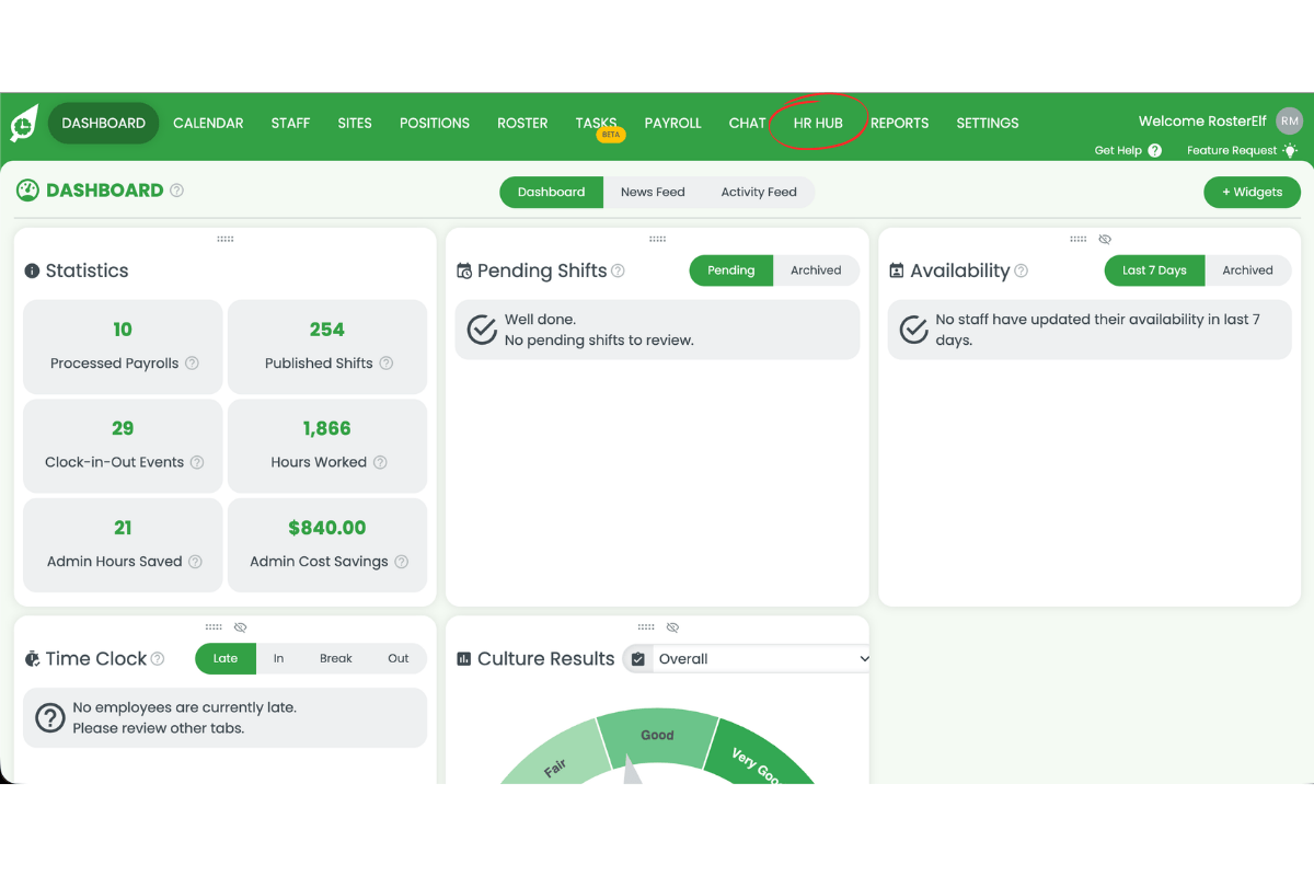 RosterElf dashboard with HR Hub navigation item circled in red in the top menu