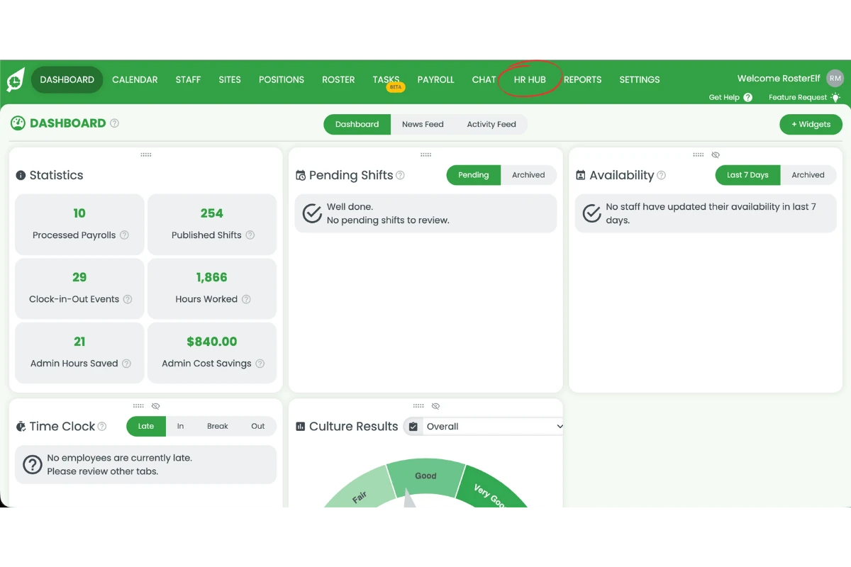 RosterElf dashboard with HR Hub navigation item circled in red in the top menu