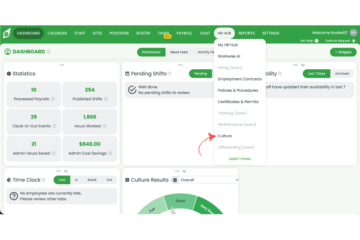 RosterElf HR Hub dropdown menu open with Culture option highlighted with a red arrow