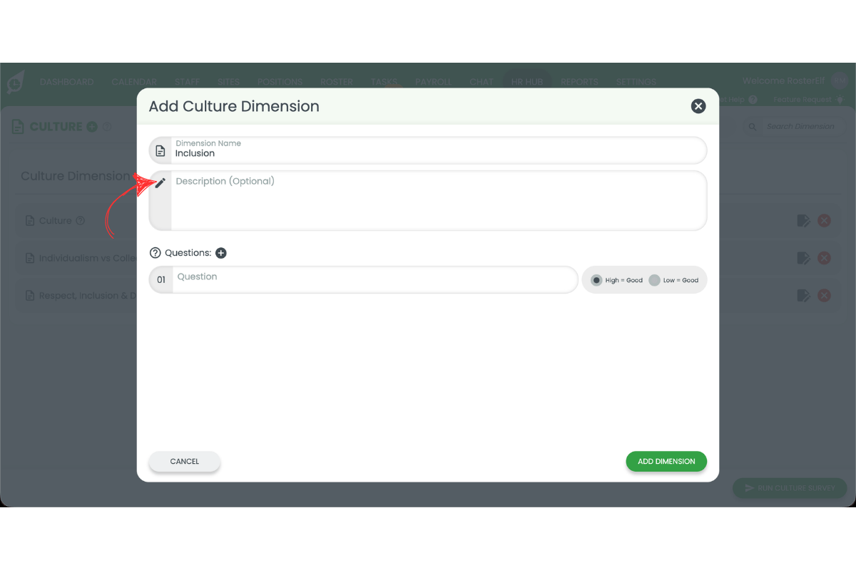 Add Culture Dimension modal with Dimension Name filled as Inclusion and Description field highlighted with a red arrow