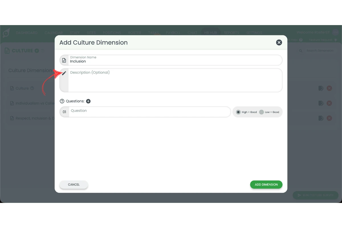 Add Culture Dimension modal with Dimension Name filled as Inclusion and Description field highlighted with a red arrow